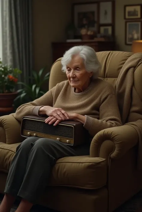 Grandma sitting listening to the radio