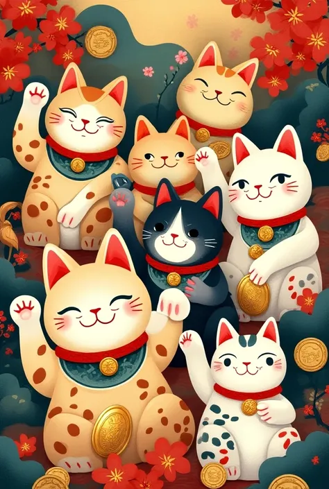 A design with Japanese lucky cats,  in different colors and styles ,  cats surrounded by coins and charms .