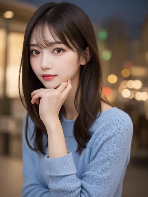 Full body:1.9, Highest quality, shape, Very detailed, finely, High resolution, 8k wallpaper, perfect dynamic shape, Beautiful and beautiful eyes, Body up:1.9,blue knitted fall outfit:1.9,　Straight hair,Small breasts、Natural Color Lip, Bold sexy pose,smile、...