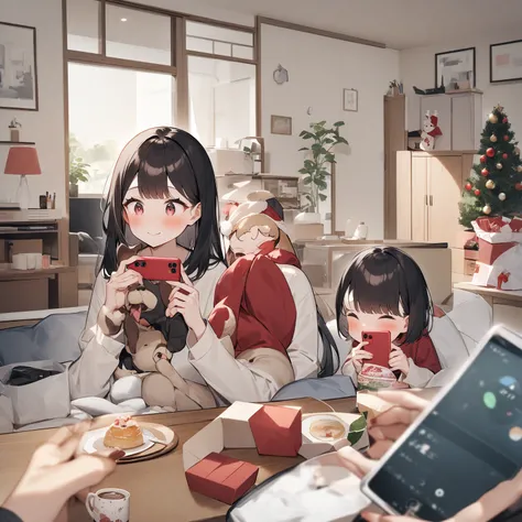 In the living room of a Japanese house、 One family gives her a Christmas present。Daughter is happy when she got a smartphone 。