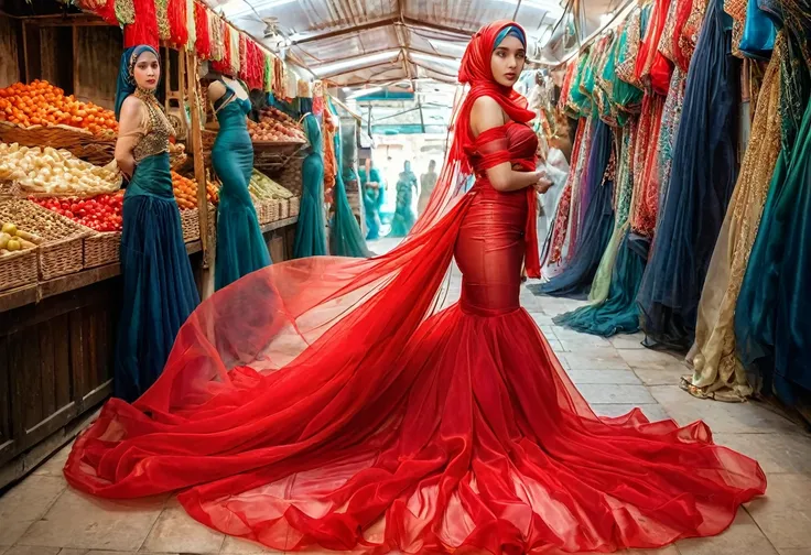 A woman shrouded in 9 meters of red transparent silk organza, tight wrapped from the waist to the thighs and mermaid shape on the bottom of dress, tied tightly and magnificently draped along her body shape, 9 meter long flowing dress tail on the floor, str...