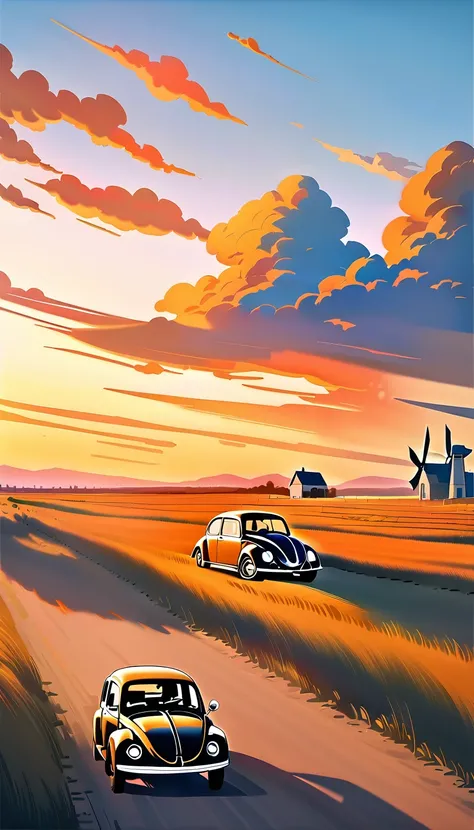 A windmill in a field where theres a simple house with a Volkswagen Beetle parked in front, its late, vibrant and saturated colors, the clouds are orange, calm and peaceful atmosphere, digital art style, anime, Studio Ghibli inspired, impressionism, realis...