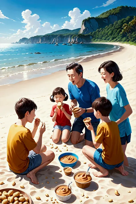 All the family membars eating peanut butter at the sea beach