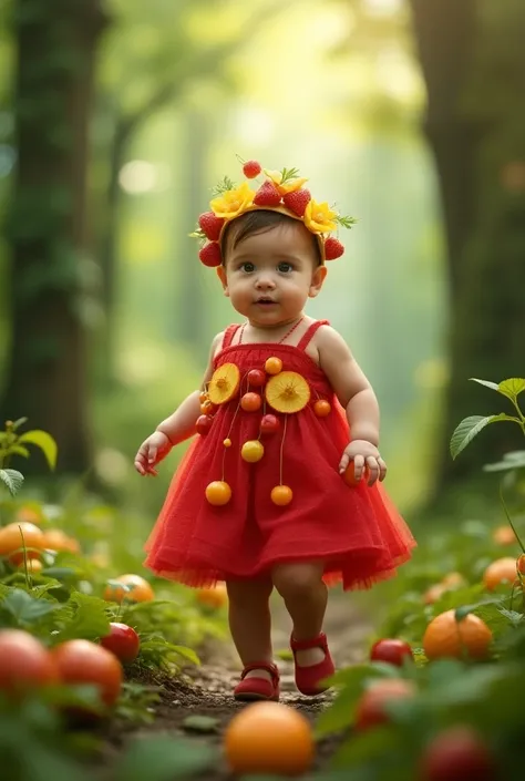 A cute baby wear long bright red colour fruits dress,dress fully made by fruit ,crown and walking in the forest realistic photo realistic 9:16