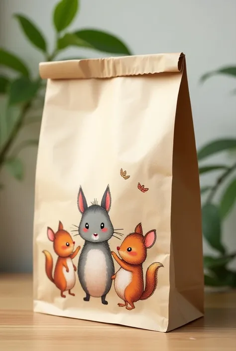 A realistic photo of a paper bag with a drawing of little animals 
