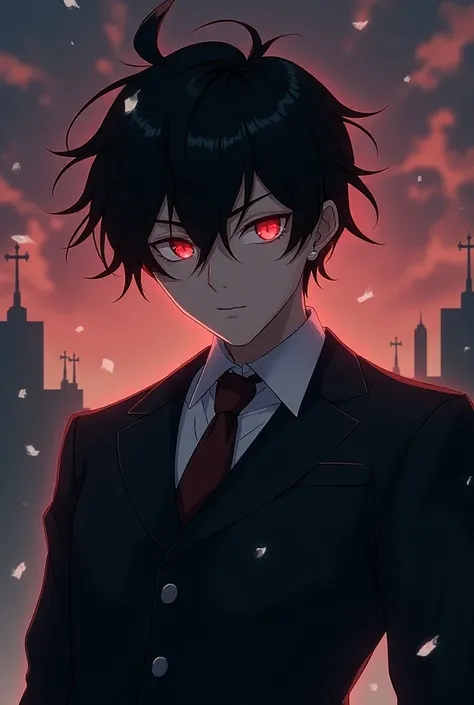 Good looking man, black hair, red eyes, wearing school uniform anime