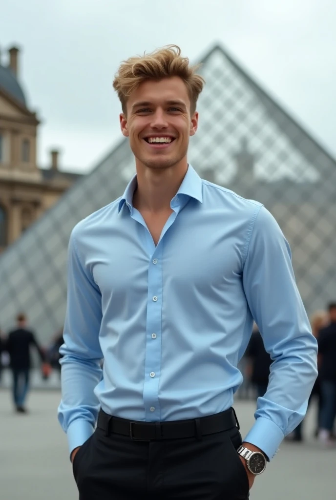 In the heart of Paris, beneath the looming presence of the Louvre, a handsome young man stands out against the muted backdrop of a cloudy day. His fair complexion glows softly, accentuated by his tousled blond hair that catches the diffused light. His stri...