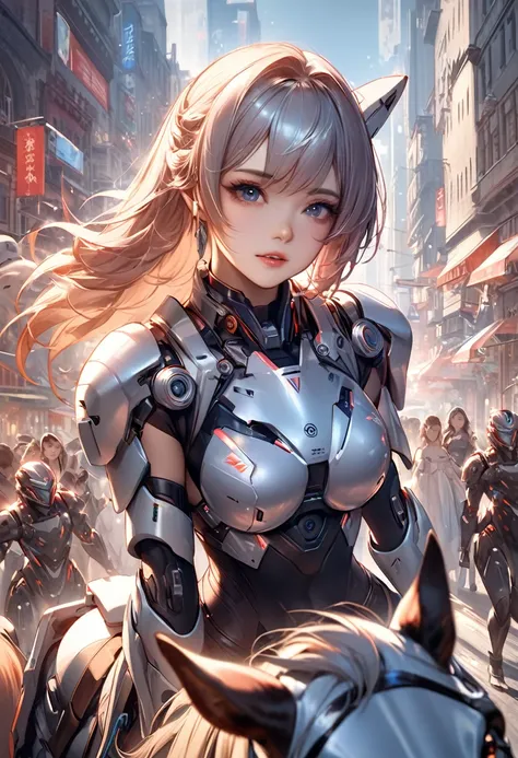 there is a woman riding a horse in a city with a lot of people, beautiful digital artwork, artwork in the style of guweiz, mechanized valkyrie girl, guweiz masterpiece, fully robotic!! girl, ross tran 8 k, wojtek fus, mechanized soldier girl, stunning digi...