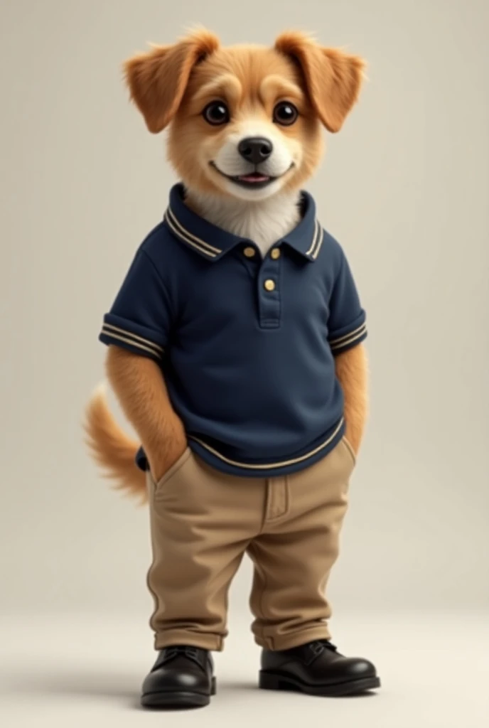 brown dog with navy blue polo shirt ,  gold edges and light brown pants and black shoes