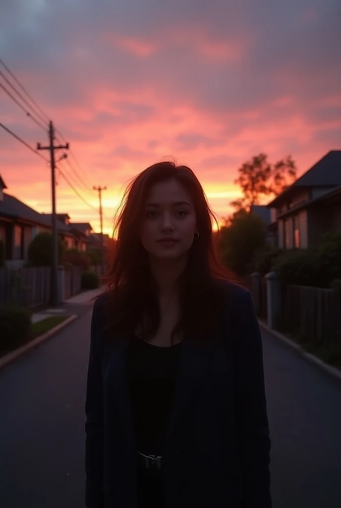 A scenic photo of the sunset or twilight sky while selfi out on an evening walk.