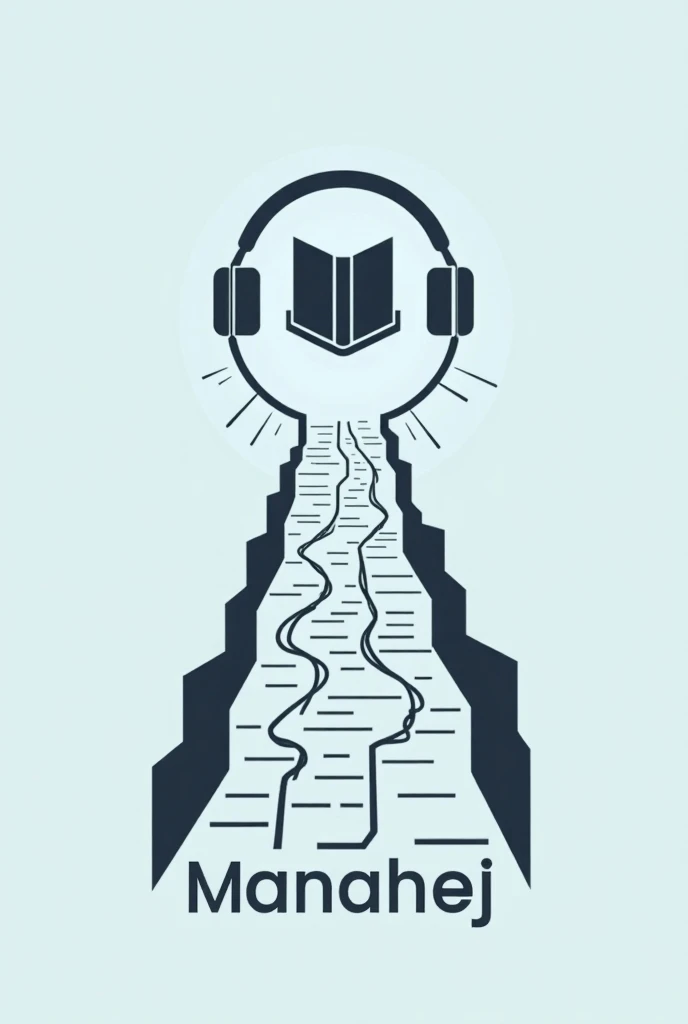 A professional logo for the podcast called "manahej". A few paths that lead to the library icon and there is a headphone around it By inserting the name manahej in the logo