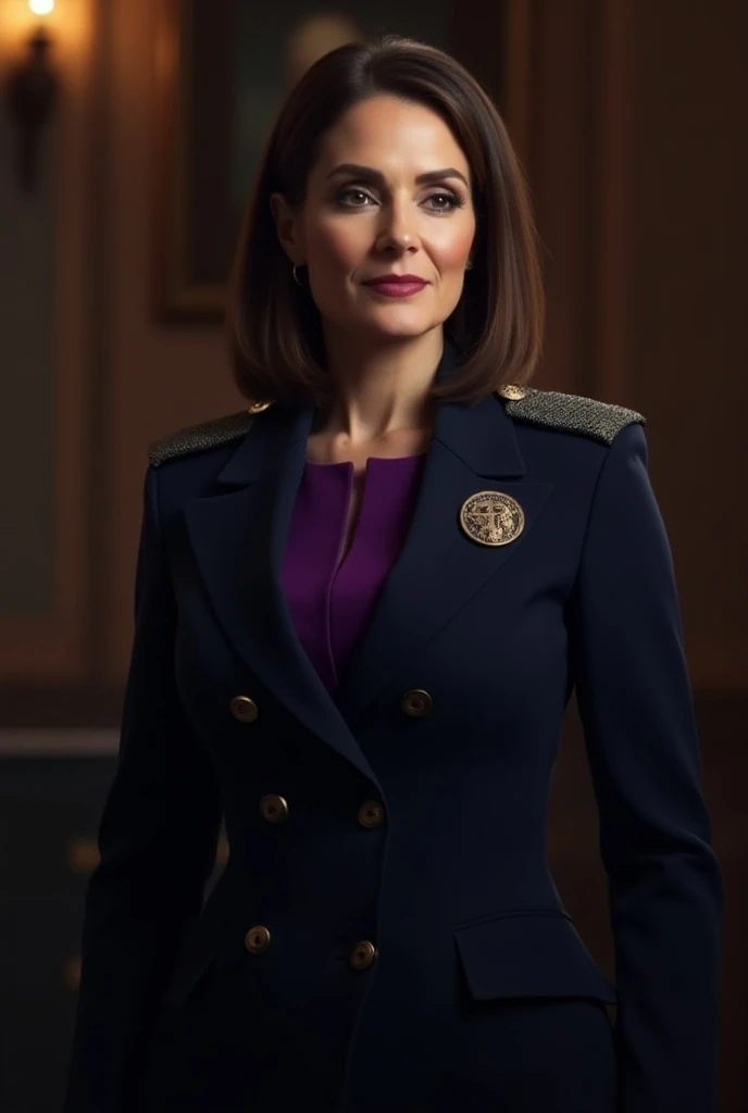 Women, 30 YEARS, She is Speaker of the House of Representatives of a global country called Plankerton, her uniform looks authoritarian , elegant and imposing, where dark blue and purple colors stand out. 