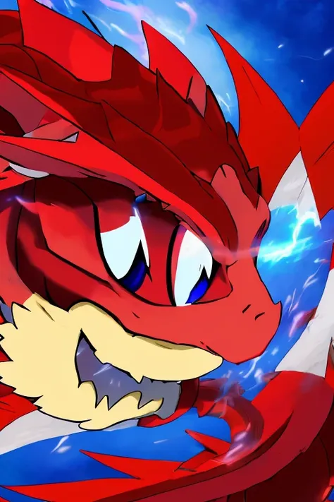 there is a cartoon of a dragon with a red and blue tail, similar to pokemon, new pokemon, dra the dragon, a red dragon, illustra...