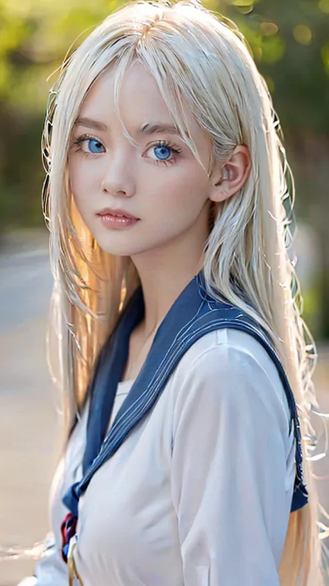 1 girl, 10th generation、 high resolution , platinum blonde , , focus your gaze, extremely bright light blue eyes,  bangs between...