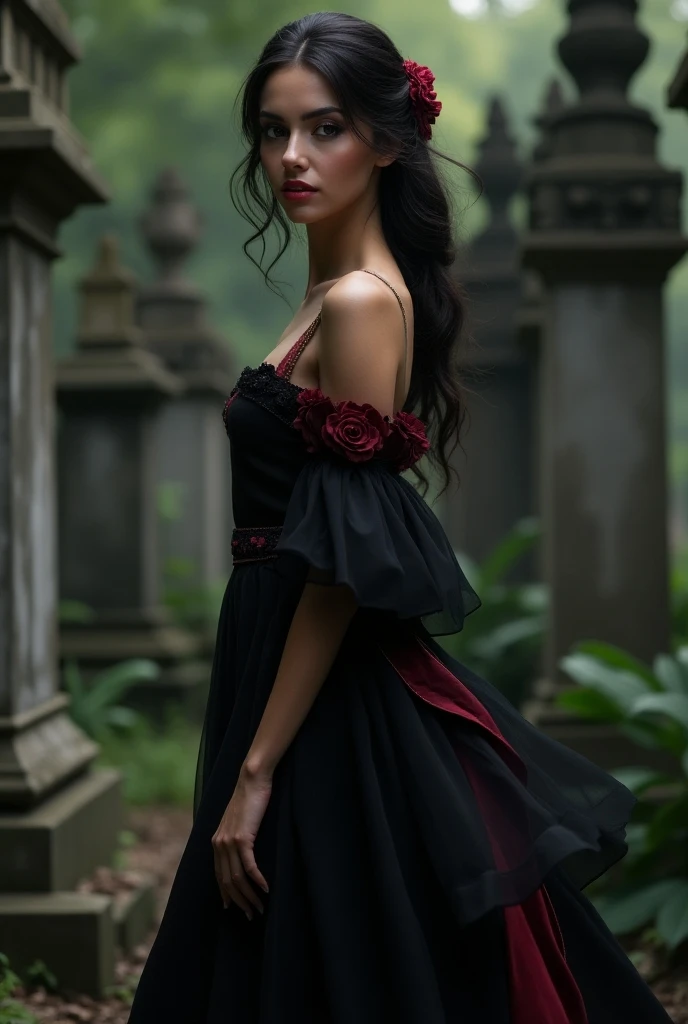 Spanish woman in a noble cemetery ,  dressed in a black dress with red .  Close capturing the magical cemetery in harmony with the charming woman and her personality.