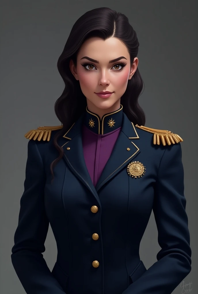 create a woman, 30 YEARS, She is vice-president of a global country called Plankerton, her uniform looks authoritarian , elegant and imposing, where dark blue and purple colors stand out.  