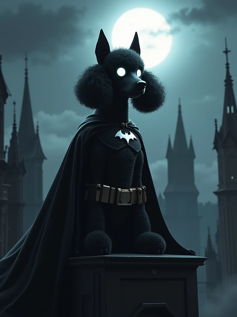 IMG_8725.CR2: Design a poodle dressed as Batman, captured in a dark, dramatic digital art style with intense shadowing. The poodle wears a black suit with a flowing cape, its ears prominent to resemble the classic Batman silhouette. Its white glowing eyes ...