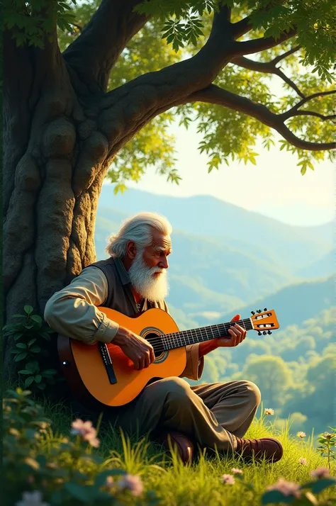 A old man playing guitar under a tree in a beautiful green valley. 