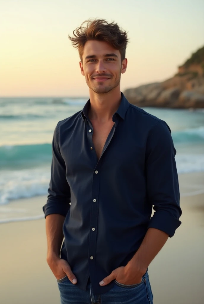 The young man stands confidently in front of the beach, his presence as striking as the scenery behind him. His brown hair is tousled by the gentle sea breeze, framing his face perfectly. Light brown eyes sparkle with warmth and charisma, drawing you in wi...