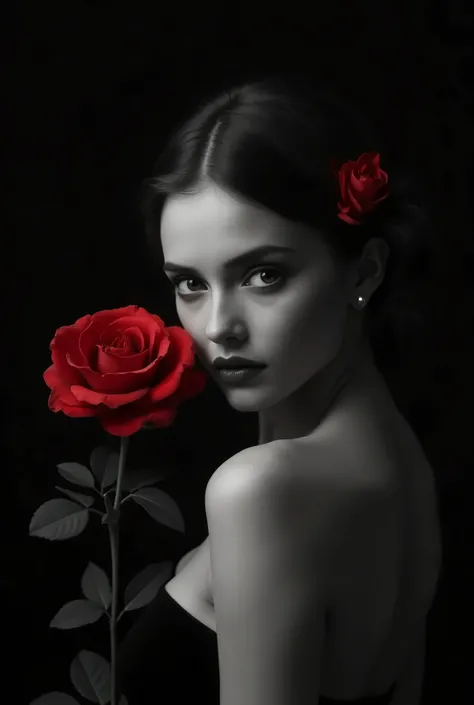 a very beautiful woman holding a rose in her hand with a black and white background, red rose in hair, red rose, beautiful retro art, holding a rose, holding a red rose, vintage noir, artstyle tom bagshaw, gorgeous art, gorgeous beautiful woman, by Mark Br...