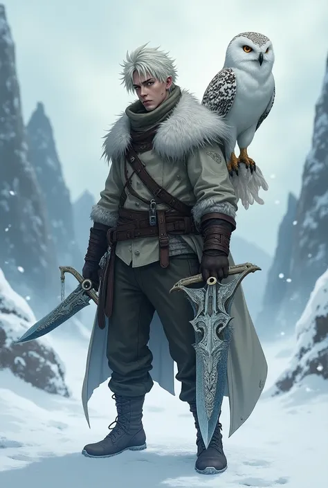 Jaune Arc from RWBY reimagined as a mythological knife hunter with a snowy owl companion 