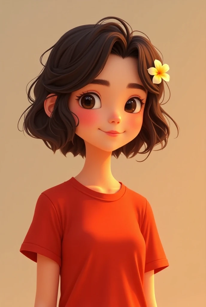 A girl wearing red tshirt, short hair with flower