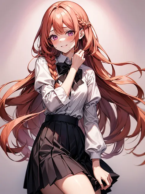 1 woman, Long straight hair with a slight blush ,Orange hair,Purple eyes, Wear a white short-sleeved student dress, attached a black bow to the shirt., Black round pleated skirt ,Pinkish white skin,A little smile, blush pink cheeks ,Reddish pink lip ,Anime...