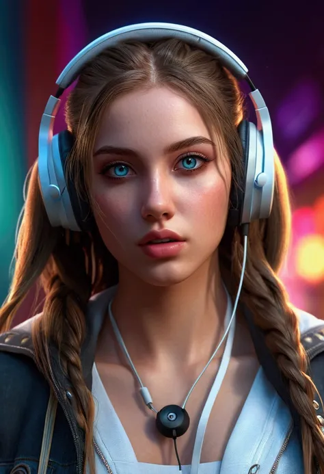 a girl with long hair, wearing headphones, playing, in a cropped top and an unzipped jacket, beautiful detailed eyes, beautiful detailed lips, extremely detailed eyes and face, longeyelashes, photorealistic, hyperrealistic, 8k, high quality, digital art, v...