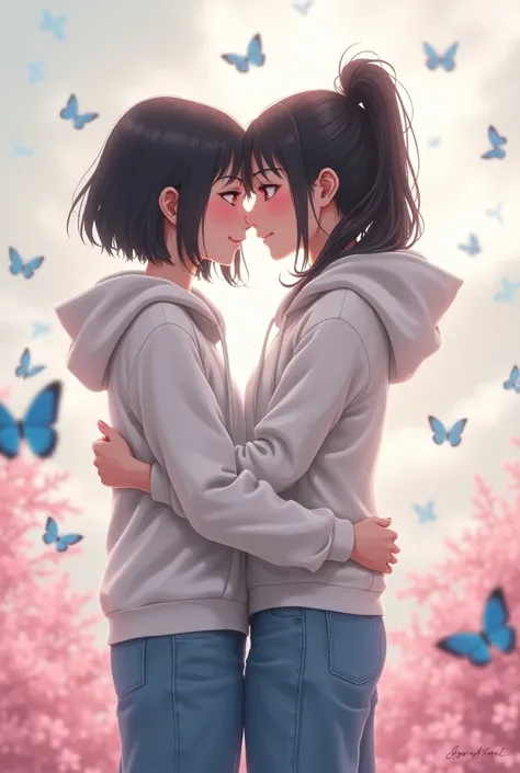 A girl named Saba and a girl named Elena hugging each other under falling pink blossoms and some blue butterfly are around them and the weather is cloudy. theyre wore a set hoodie and baggy jeans. Sabas height is 172cm and Elenas height is 161cm.