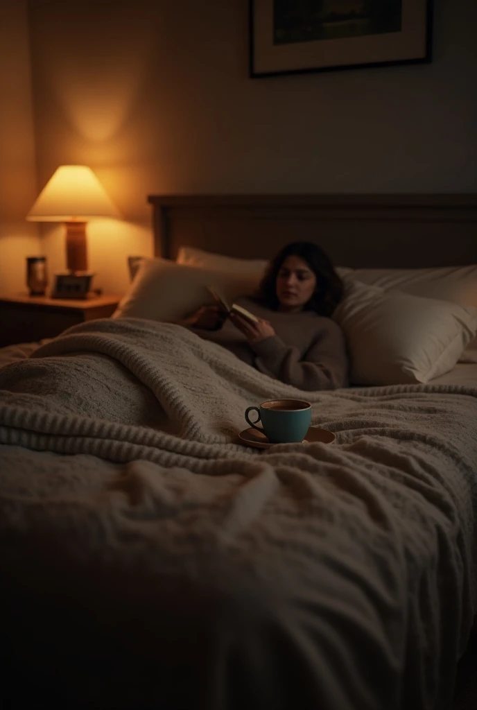 A cozy shot of your bed, blankets, and maybe a hot drink while watching a movie or reading.