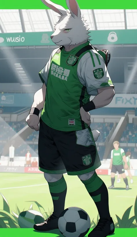  A humanoid rabbit with a muscular and strong body . 
 The rabbit is wearing a jersey without any design or flag in the color green, black and white.
 The shorts are all black in a single color .
 The soccer cleats in black .
The socks are black in a singl...