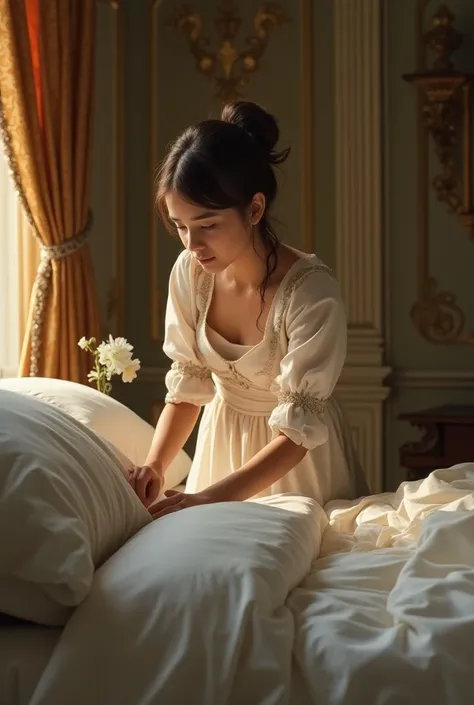 A diligent maid is shown preparing the queen’s bed, her appearance humble yet neat. She is young, wearing simple yet clean clothes, with her hair tied back in a neat bun. Her expression reflects her focus and dedication as she arranges the bed, which is pl...