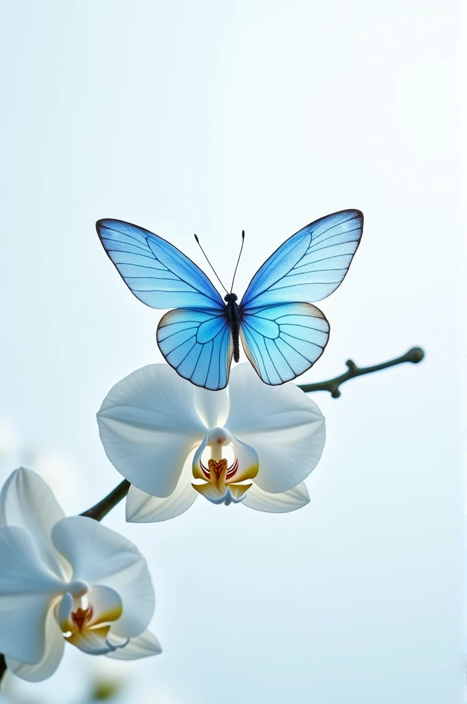 A blue butterfly on a white orchid