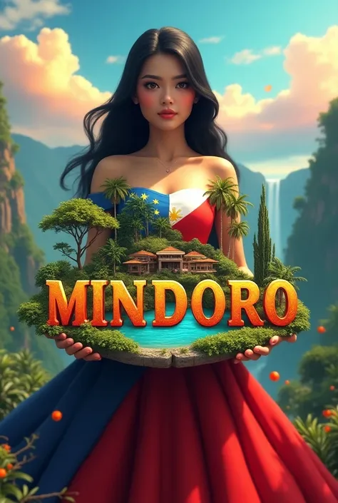 A vibrant, eye-catching 3D scene featuring a beautiful woman with long black hair wearing a Maria Clara Philippine flag gown design. She is holding an island with bird,falls,buildings,farm in the middle with the correct spelling and bold font letters name,...