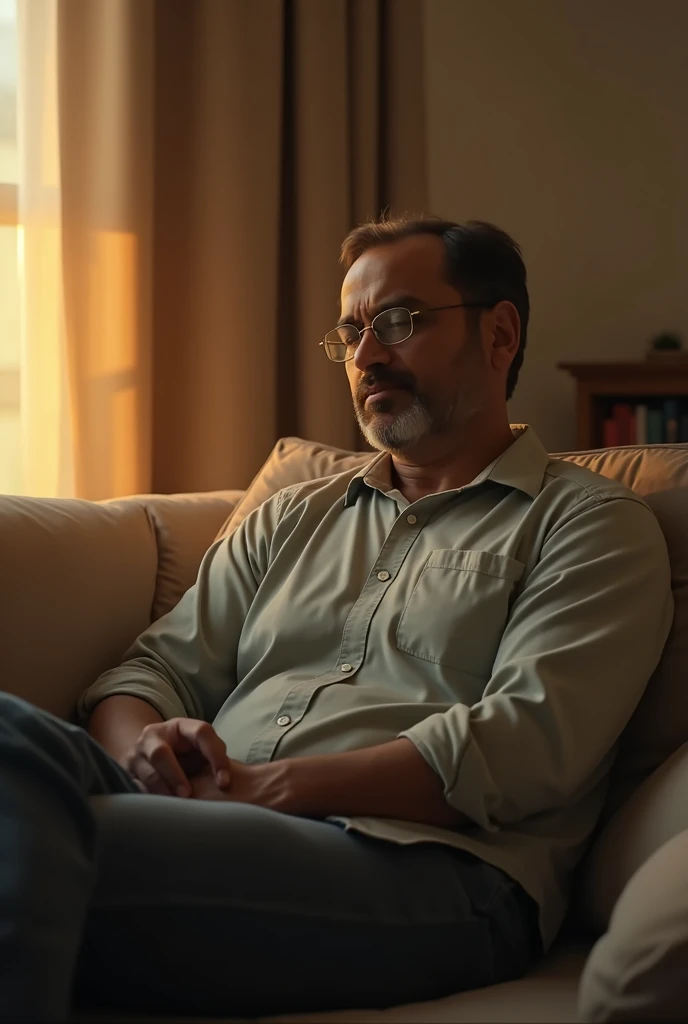 An Indian man, around 40-50 years old, sitting on a sofa, dozing off or lightly napping while seated. He is dressed in modest, casual clothing like a button-up shirt and glasses. His posture is relaxed, with his head slightly tilted forward, as if he is dr...