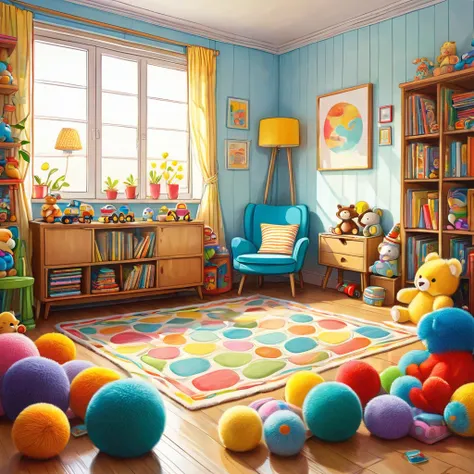 cute, An illustrationクマの家,sitting room with toys on the floor:cute:comfortable and warm,An illustration,POP,に,draw with thick lines,light,home is warm and full of happiness,,Colorful,Detailed details,fluffy