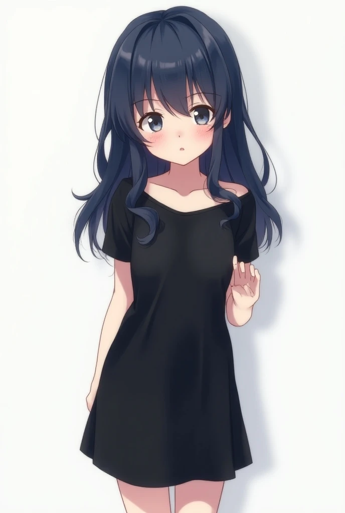 A young teenager with long dark blue hair wearing a black dress looks embarrassed manga 