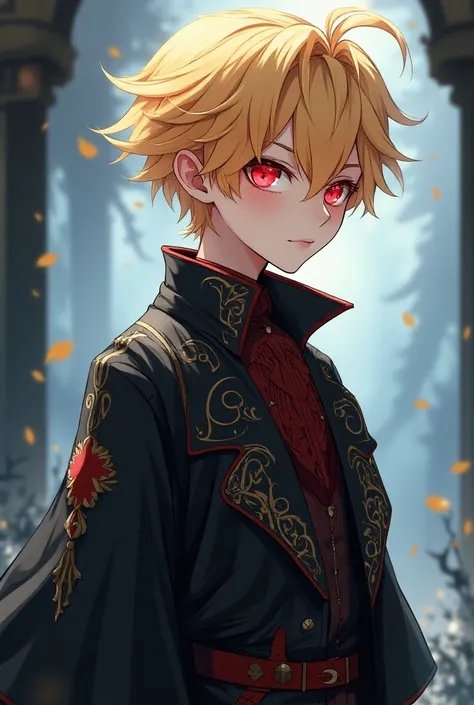 An anime boy character with blonde hair and beautiful red eyes and special clothes