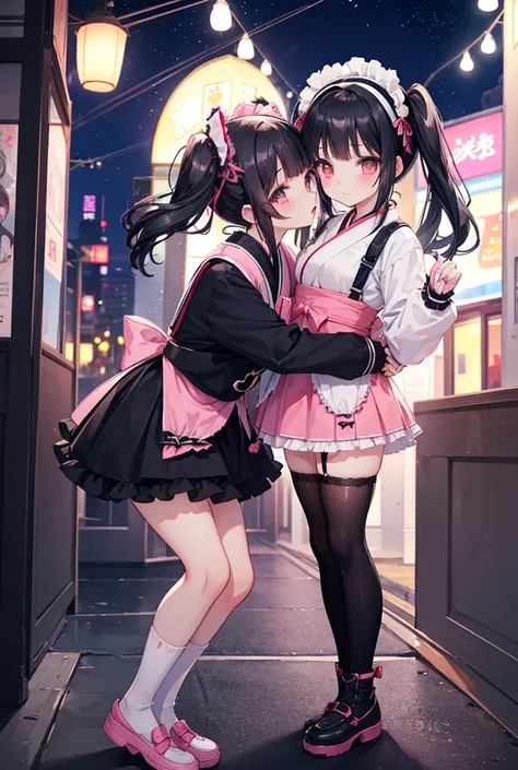 the manga girl is dressed in a knee high socks with a mini skirt,2girl, twin tail hair, black hair,(((lolita))),jirai costume,pink panty,slim, Mine style fashion,japanese face,she is there in the night town,kiss and hug
