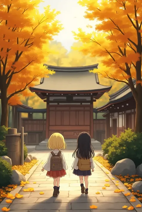 Two Girls、blonde short hair and black long hair、autumn、Ginkgo、shrine、