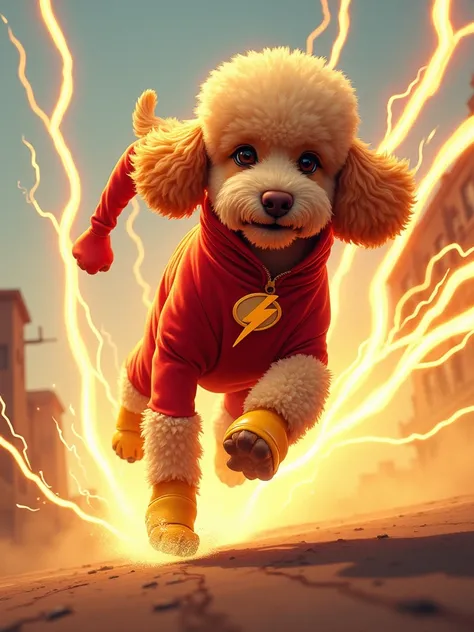 IMG_5782.CR2: Create a poodle as The Flash in an energetic speed-focused illustration. The poodle wears a red and gold uniform, with lightning bolts running along its legs. Its ears point backward, mimicking the force of the wind as it dashes forward. A tr...