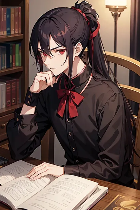 Anime young man with sharp red eyes and long dark indigo hair tied up in a ponytail ,Wearing all the black fairy clothes, he sat on a chair with a book with a library background
