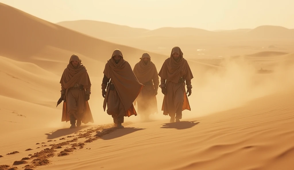 Les 4 Gardiens marchant dans le désert : Les Gardiens avancent difficilement à travers les dunes, leurs visages protégés par des tissus pour se prémunir du vent sablonneux. Ils marchent en file indienne, laissant des traces éphémères derrière eux.