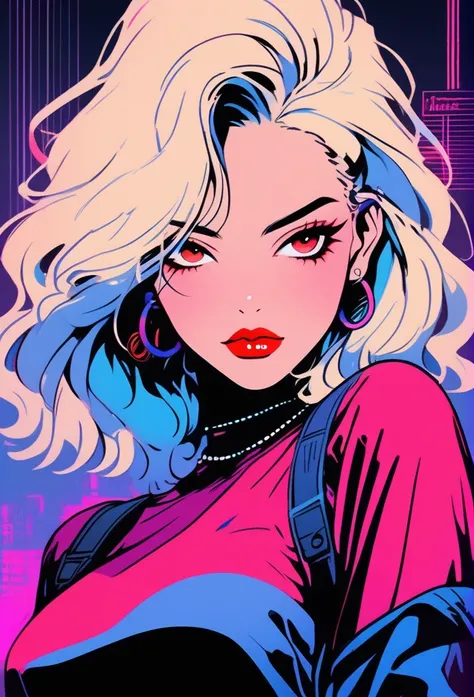 ((illustrator)),perfect vampire, in club, retrowave,  cyberpunk theme, stylish, sketch, 1girl, lovely, rockstar, shiny lip, jersey wear, order, very modern stylish asymmetry hair, platinum blonde, ((gradient)) background, neon hair, textured crop, (masterp...