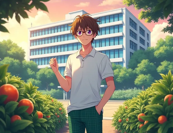 An 18 year old anime style white skinned man, To Love Ru,  standing in a huge garden behind a large white school with four-story blue tinted windows in Tokyo, In the surrounding area there are several fruit and vegetable plants ,  such as vegetables during...