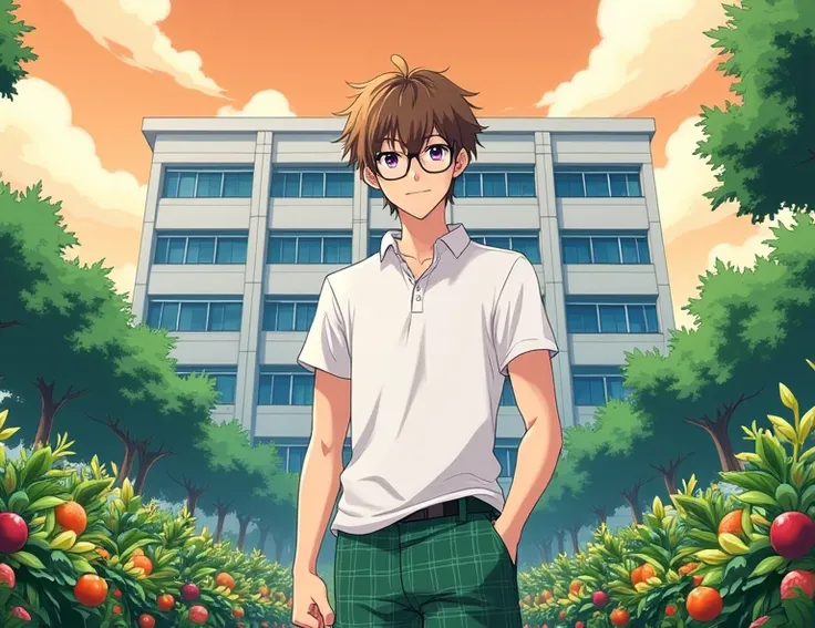 An 18 year old anime style white skinned man, To Love Ru,  standing in a huge garden behind a large white school with four-story blue tinted windows in Tokyo, In the surrounding area there are several fruit and vegetable plants ,  such as vegetables during...