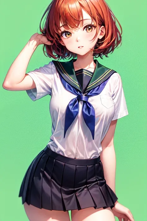  30 year old redheaded girl with white skin , brown eyes and short hair , with school uniform, with the green background 