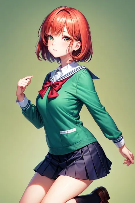  30 year old redheaded girl with white skin , brown eyes and short hair , with school uniform, with the green background 