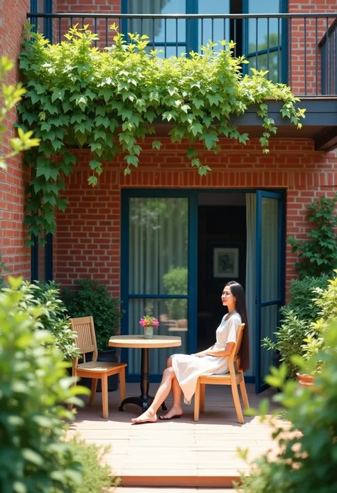 A beautiful and perfect photo of a bright and serene outdoor patio scene in a suburban setting, with a red-brick house and blue-framed windows and doors. The patio is furnished with simple wooden chairs and a table, surrounded by well-kept greenery, includ...