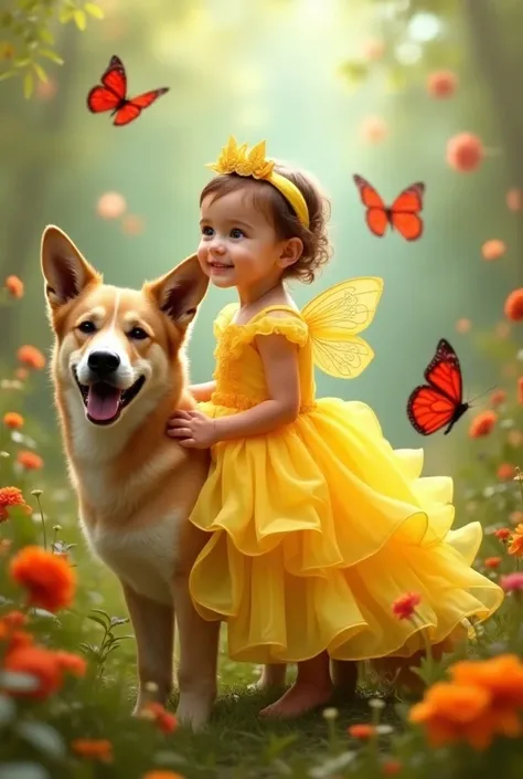 Cute baby wear  yellow princess dress with wings ,sitting on the dog and red colour flying butterfly in a flower realistic photo 9:16